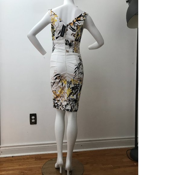 Le Chateau Formal Cocktail White Black Yellow Floral Bodycon Cotton Summer Dress - Picture 2 of 6